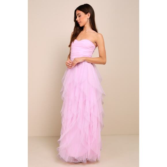 NWT Lulus Delightful Beauty Pink Mesh Strapless Ruched Ruffled Maxi Dress Size M - Picture 3 of 8